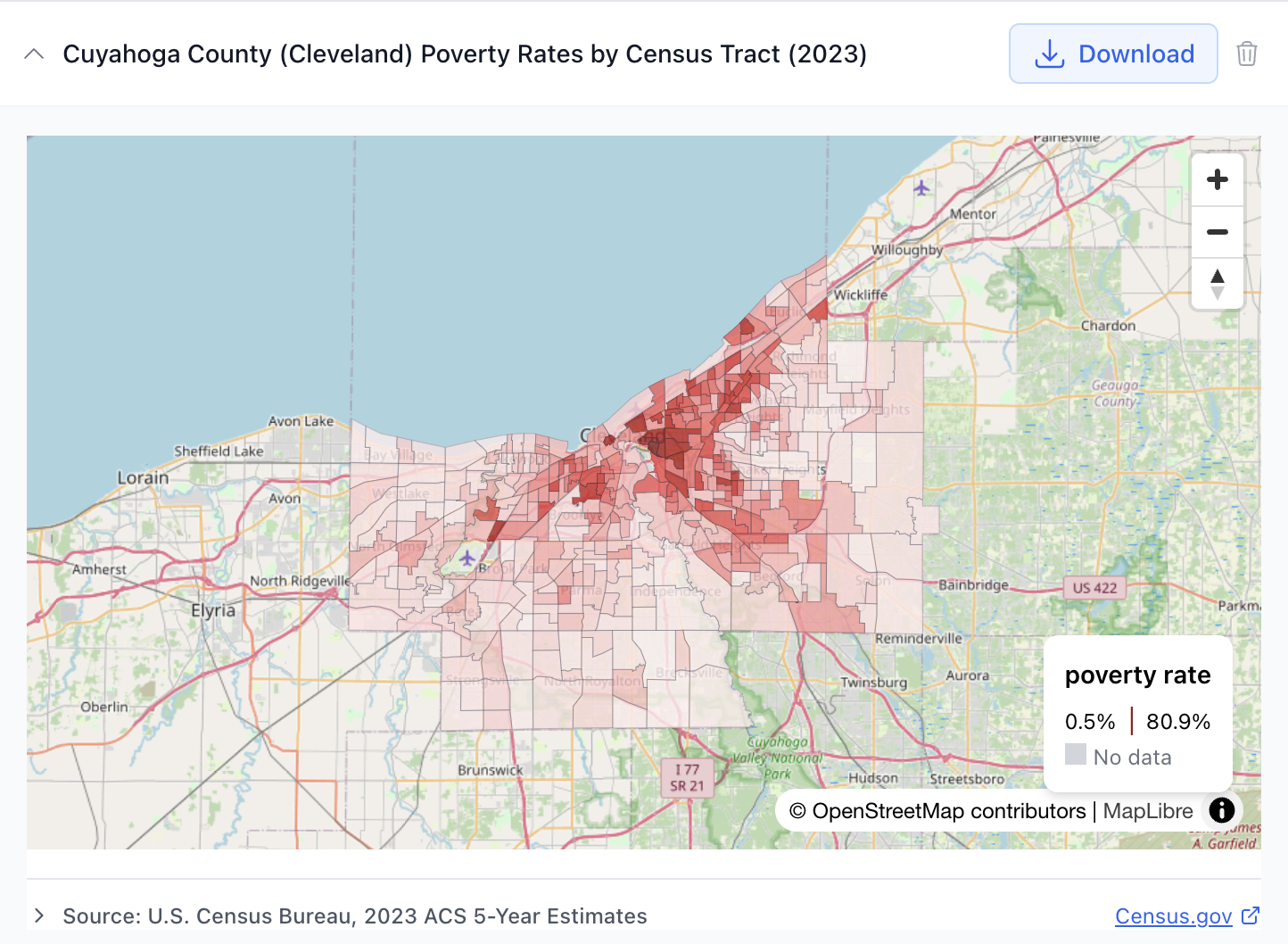 Interactive map showing poverty rates by census block group in Cleveland with color-coded visualization